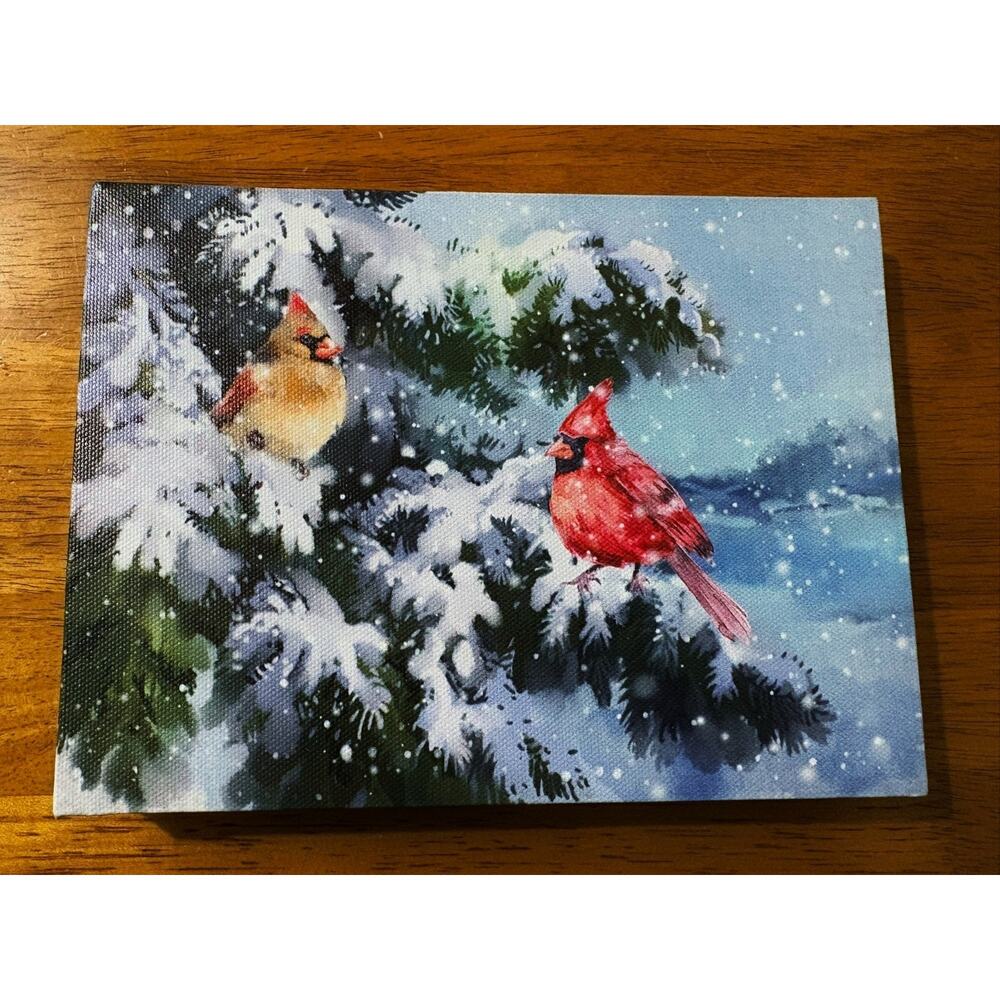 Lighted Cardinal Canvas Sign Winter Christmas Scene Country Farmhouse Wall Decor